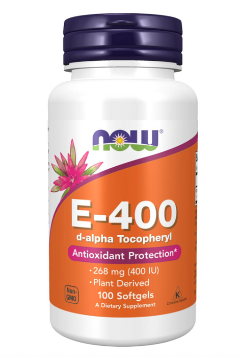 NOW Foods Vitamin E-400 IU 100 Softgels featuring natural d-alpha tocopheryl for antioxidant protection.