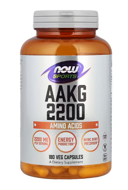 NOW Sports AAKG 2200 Amino Acids 180 Veg Capsules front label bottle