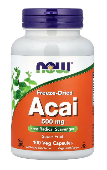 NOW Foods Acai 500 mg 100 Veg Capsules bottle front label featuring freeze-dried acai superfruit for antioxidant support