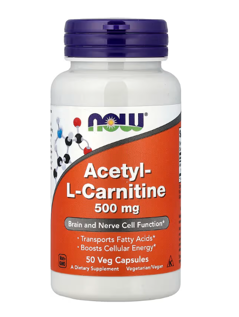 NOW Foods Acetyl-L-Carnitine 500 mg vegetarian capsules supplement bottle front label