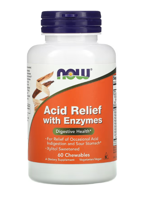 NOW Foods Acid Relief with Enzymes 60 Chewables bottle front label xylitol sweetened for digestive comfort support