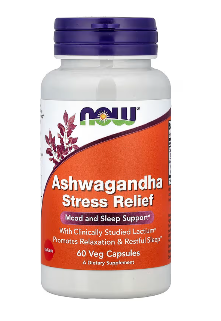NOW Foods Ashwagandha Stress Relief bottle front label herbal stress support supplement