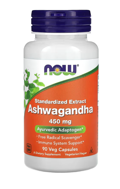 NOW Foods Ashwagandha Standardized Extract 450 mg bottle front label adaptogenic herbal supplement