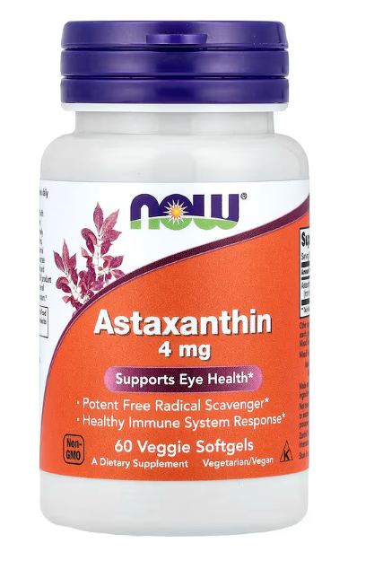 NOW Foods Astaxanthin 4 mg with Zanthin® 60 veggie softgels supporting eye health and antioxidant protection.