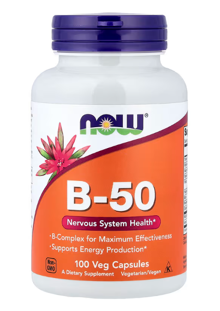 NOW Foods B 50 Complex front bottle vitamin B supplement 100 veg capsules
