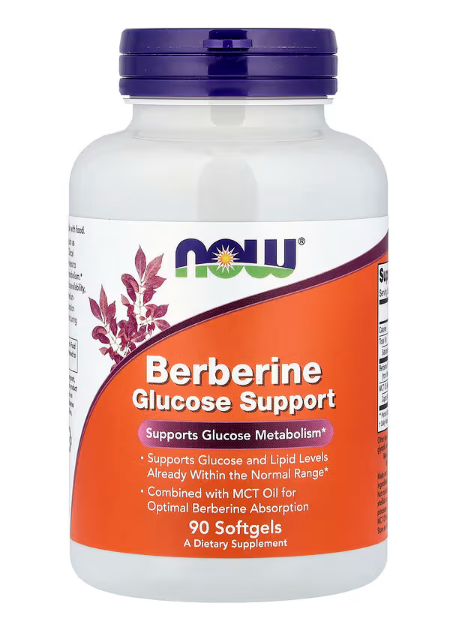 NOW Foods Berberine Glucose Support 90 Softgels bottle front label for glucose metabolism and metabolic support