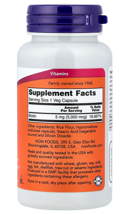 NOW Foods Biotin 5,000 mcg 60 veg capsules bottle front label