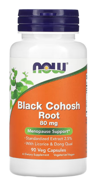 NOW Foods Black Cohosh Root 80 mg 90 veg capsules menopause support herbal supplement bottle front label.