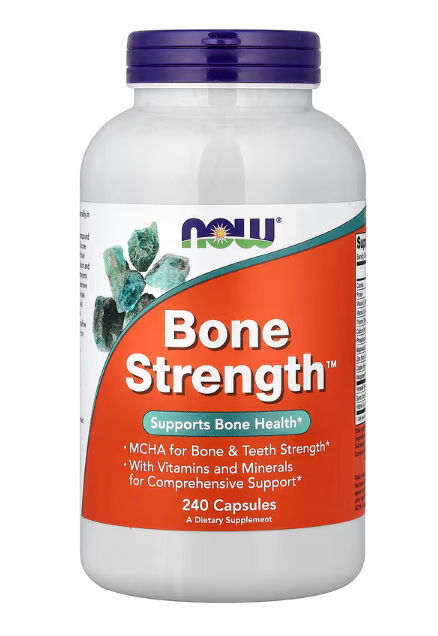 NOW Foods Bone Strength with MCHA magnesium and vitamins C D and K supplement bottle 240 capsules front label