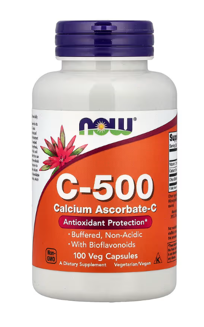 NOW Foods Vitamin C-500 calcium ascorbate antioxidant supplement bottle front label