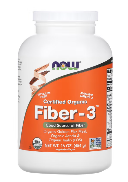 NOW Foods Certified Organic Fiber-3 digestive support powder with flax seed meal acacia fiber and inulin 1 lb container