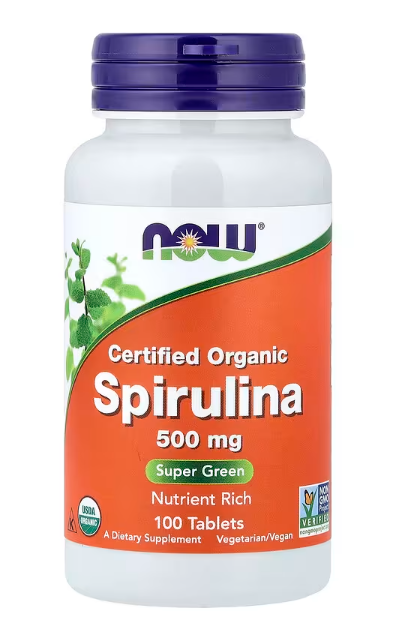 NOW Foods Certified Organic Spirulina 500 mg nutrient rich blue green algae tablets bottle 100 tablets