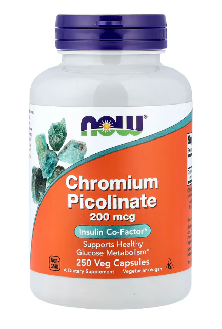 NOW Foods Chromium Picolinate 200 mcg supplement bottle 250 veg capsules glucose metabolism support