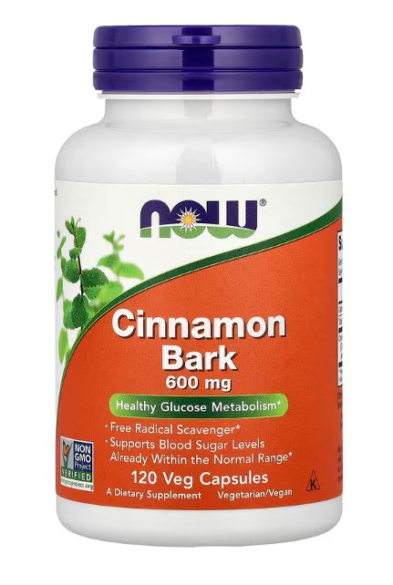 NOW Foods Cinnamon Bark 600 mg 120 veg capsules herbal supplement bottle front label