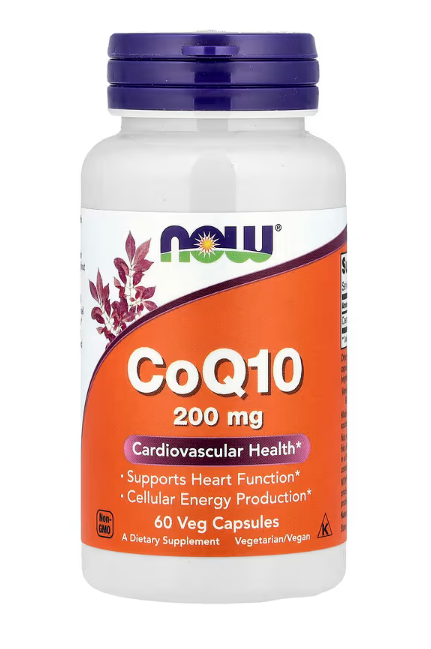 NOW Foods CoQ10 supplement bottle front label cellular energy and heart health support