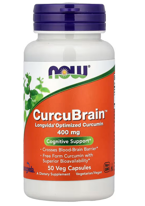 NOW Foods CurcuBrain curcumin 400 mg veg capsules bottle front label