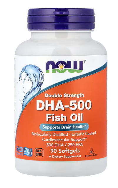 NOW Foods DHA-500 Fish Oil 90 Softgels high DHA omega-3 supplement bottle front label