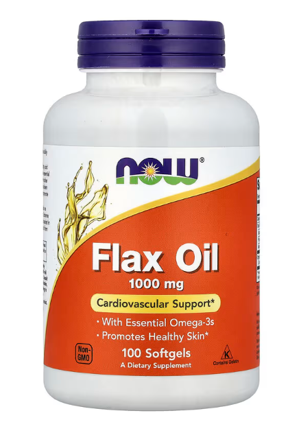 NOW Foods Flax Oil 1000 mg 100 softgels vegan omega-3 ALA supplement front label
