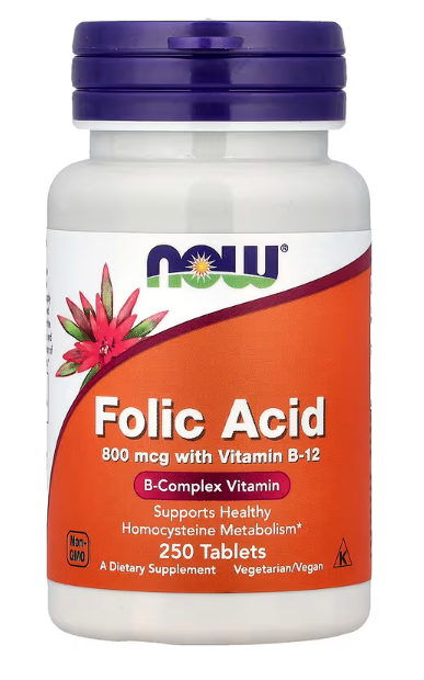 NOW Supplements Folic Acid 800 mcg with Vitamin B-12 25 mcg 250 Tablets bottle front label for B complex and heart health support