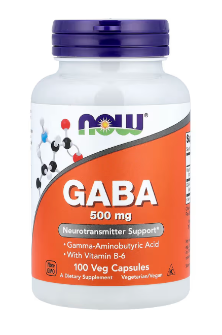 NOW Foods GABA 500 mg with Vitamin B-6 dietary supplement bottle front label 100 veg capsules