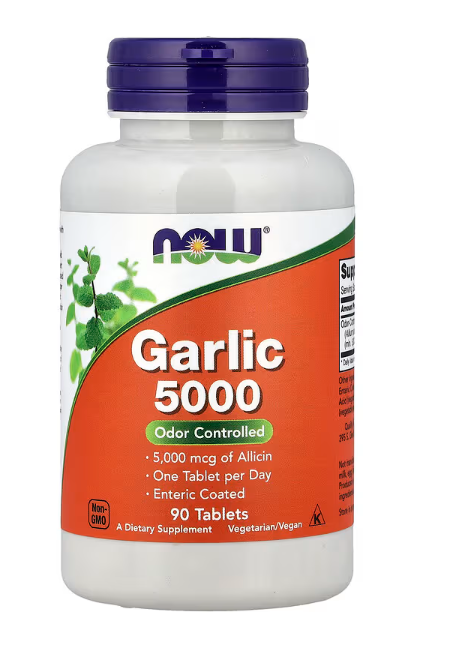 NOW Foods Garlic 5000 90 Tablets bottle front label showing odor controlled formula equivalent to 5000 mg fresh garlic