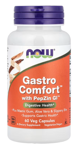 NOW Foods Gastro Comfort with PepZin GI 60 Veg Capsules bottle front label for stomach lining and digestive support