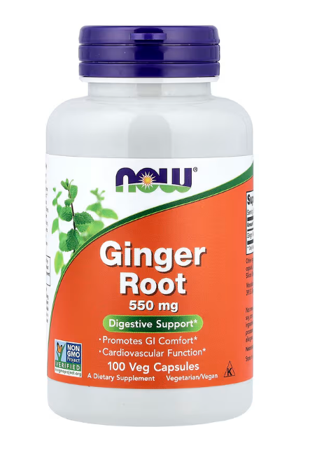 NOW Foods Ginger Root 550 mg herbal supplement bottle front label for digestive support