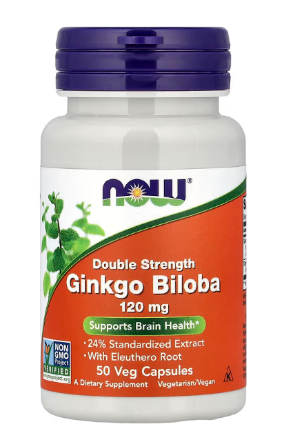 NOW Foods Ginkgo Biloba 120 mg double strength with Eleuthero Root bottle front label 50 veg capsules