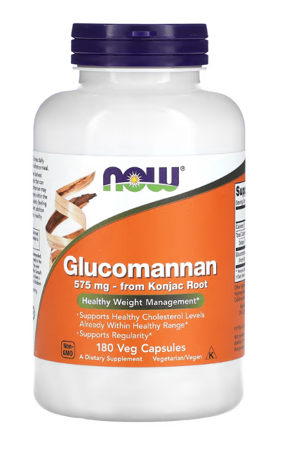 NOW Foods Glucomannan 575 mg konjac root fiber supplement front label 180 Veg Capsules