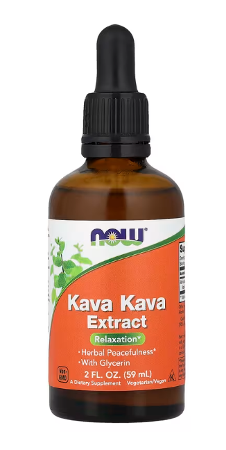 NOW Foods Kava Kava Liquid Extract with glycerin 2 fl oz bottle front label with dropper for relaxation support