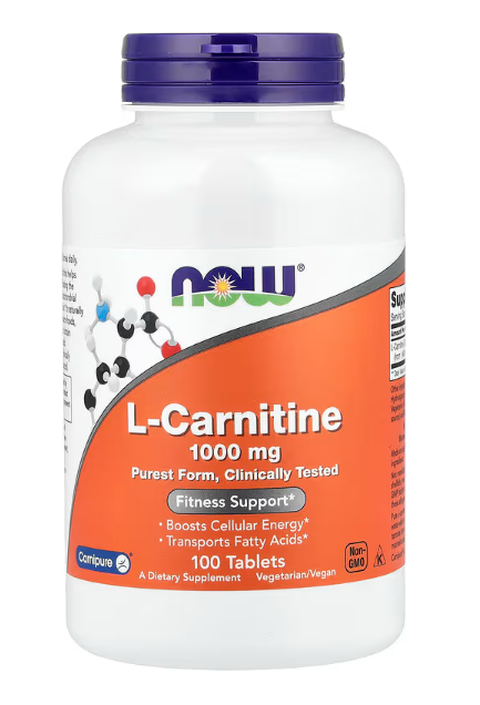 NOW Foods L Carnitine 500 mg front bottle amino acid supplement veg capsules 100 Tablets