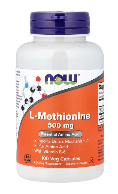 NOW Foods L-Methionine 500 mg with Vitamin B-6 amino acid supplement bottle front label 100 veg capsules