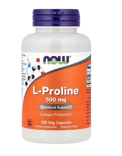 NOW Supplements L-Proline 500 mg collagen production structural support supplement front label 120 Veg Capsules