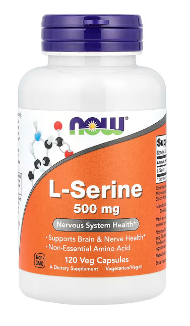 NOW Supplements L-Serine 500 mg 120 Veg Capsules bottle front label for nervous system health support