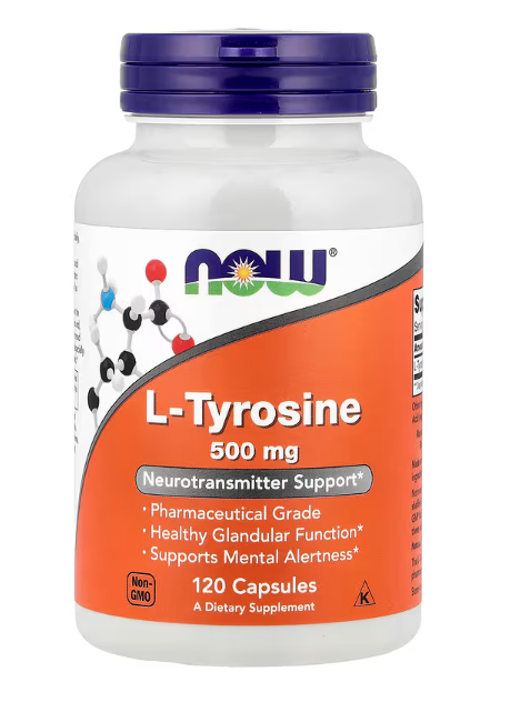 NOW Foods L Tyrosine 500 mg front bottle amino acid supplement 120 capsules