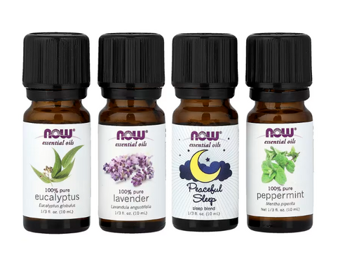 NOW Foods Let There Be Peace & Quiet Relaxing Essential Oils Kit featuring lavender, eucalyptus, peppermint, and peaceful sleep blend oils 10 mL bottles.