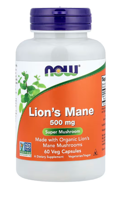 NOW Foods Lion’s Mane 500 mg 60 Veg Capsules bottle front label made with organic lion’s mane mushrooms