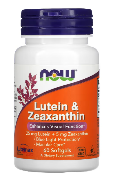 NOW Supplements Lutein and Zeaxanthin 25 mg 5 mg 60 softgels eye health support front label