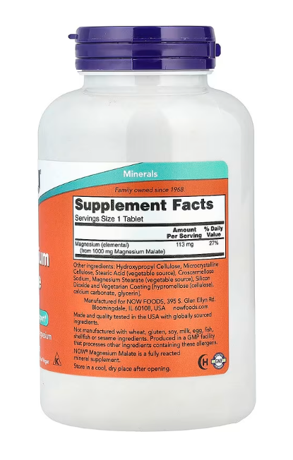 NOW Foods Magnesium Malate 1000 mg supplement facts and ingredient label
