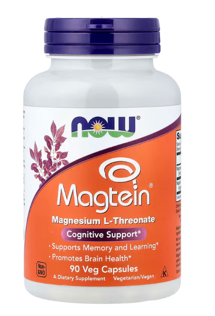 NOW Foods Magtein Magnesium bottle front label showing magnesium L-threonate supplement 90 Veg Capsules