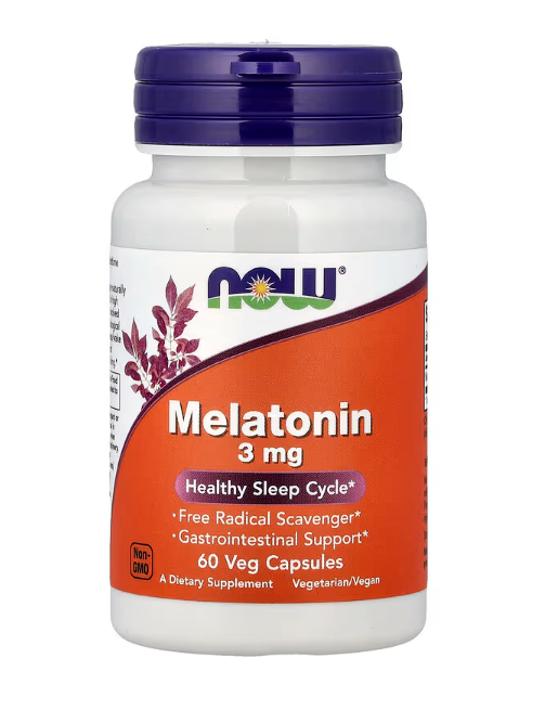 NOW Foods Melatonin 3 mg bottle front label sleep support supplement 60 Veg Capsules