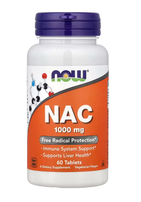 NOW Foods NAC 1,000 mg bottle front label N-Acetyl Cysteine antioxidant supplement 60 Tablets