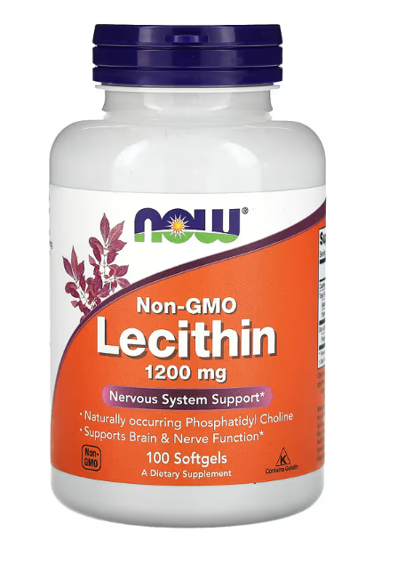 NOW Foods Non-GMO Lecithin 1200 mg 100 Softgels bottle front label cellular and brain support supplement
