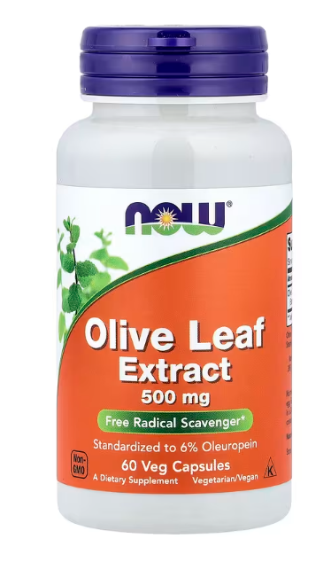 NOW Foods Olive Leaf Extract 500 mg 60 Veg Capsules bottle front label for antioxidant and free radical support