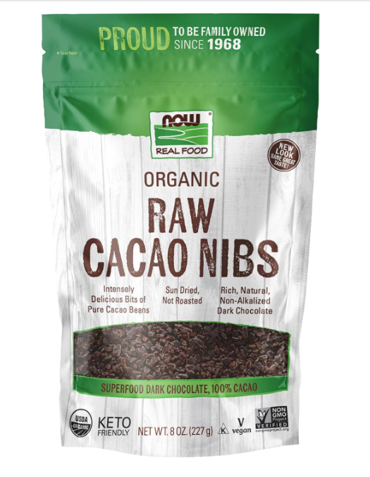 NOW Real Food Organic Raw Cacao Nibs package front label 8 oz