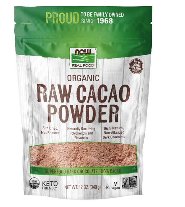 NOW Real Food Organic Raw Cacao Powder package front label