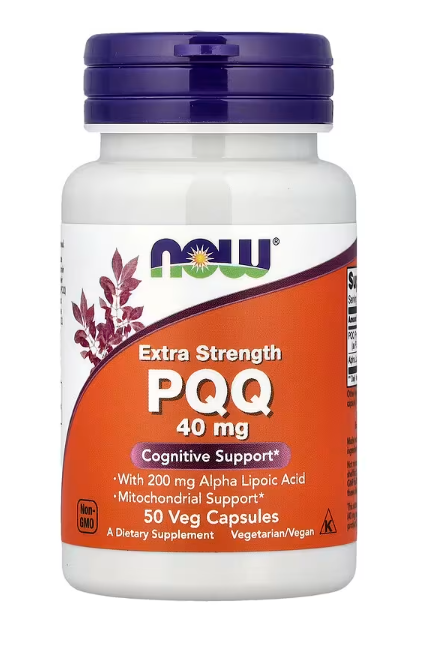 NOW Foods PQQ 40 mg with 200 mg Alpha Lipoic Acid extra strength 50 veg capsules front label