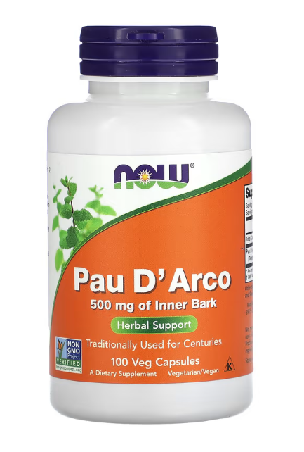 NOW Supplements Pau D’Arco 500 mg herbal support capsules front label bottle 100 Veg Capsules