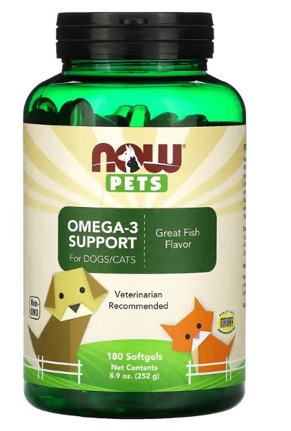 NOW Pets Omega-3 Support Great Fish softgels for dogs and cats bottle front label 180 Softgels