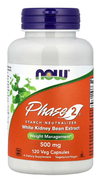 NOW Supplements Phase 2 White Kidney Bean Extract 500 mg 120 Veg Capsules bottle front label for carbohydrate metabolism and weight management support
